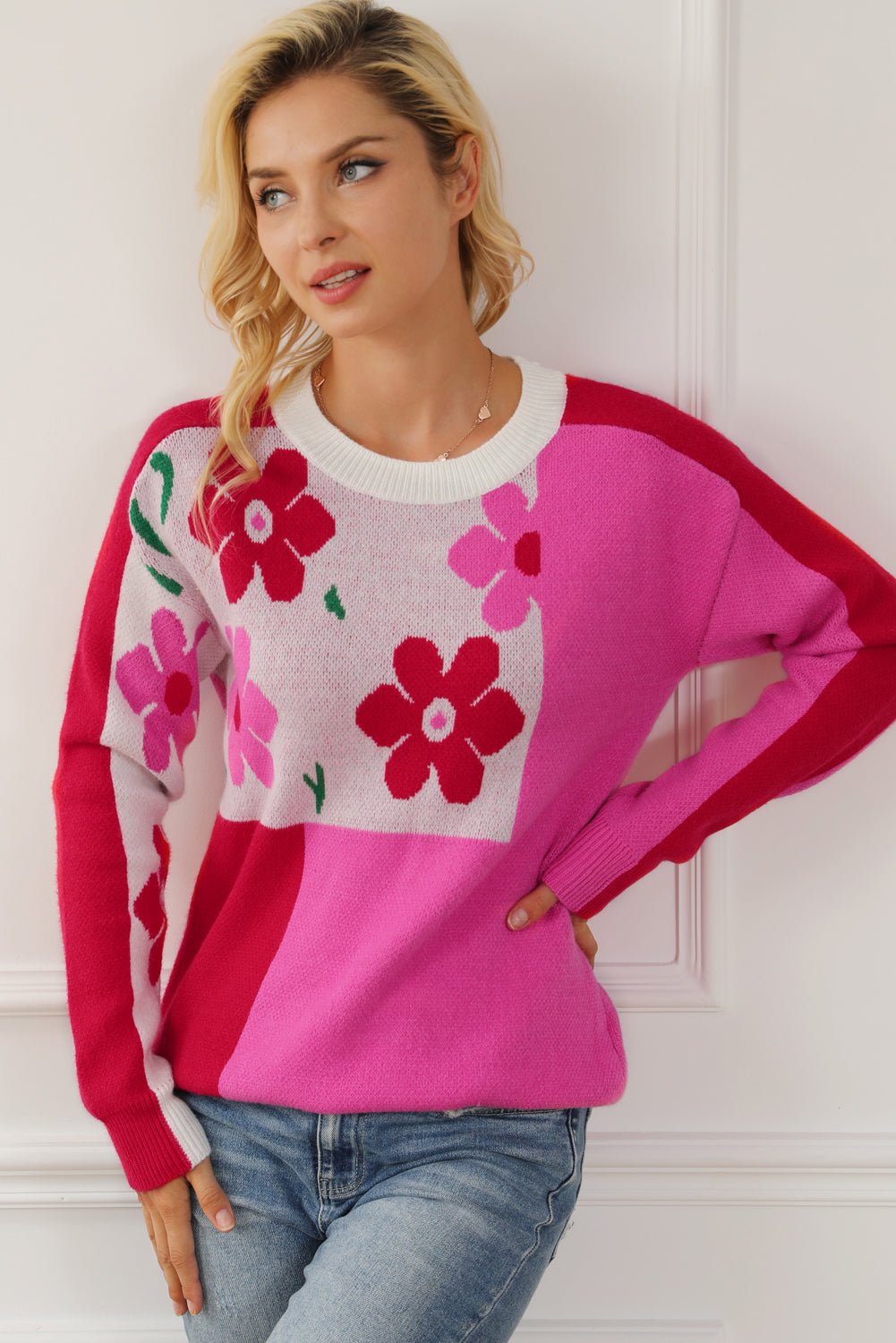 Rose Color Block Sweater - Maka Boho