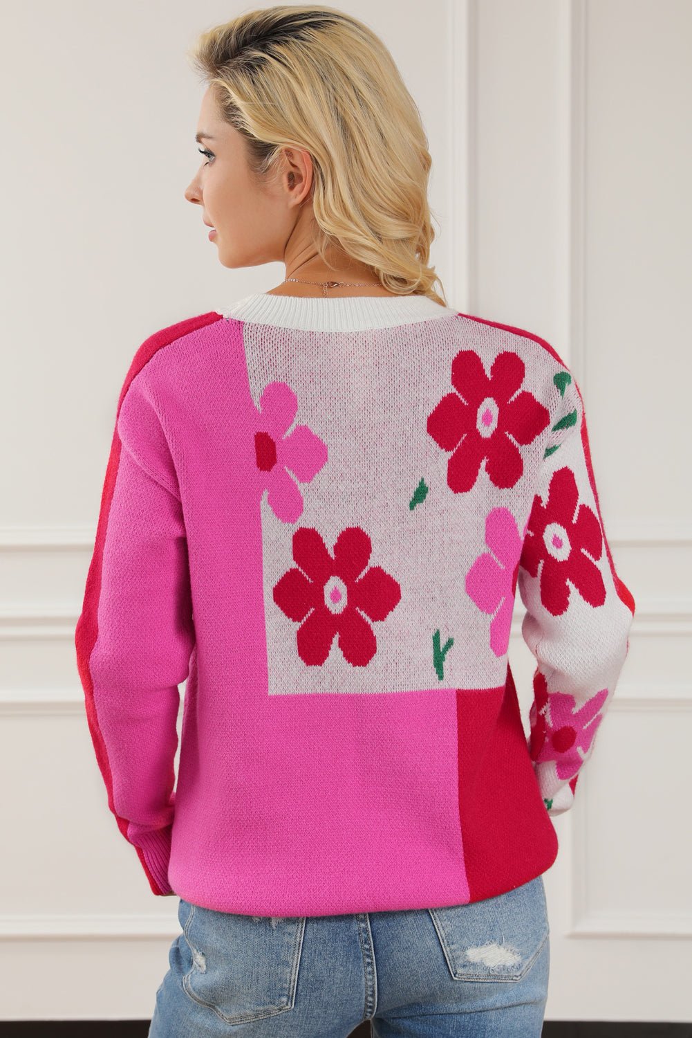 Rose Color Block Sweater - Maka Boho