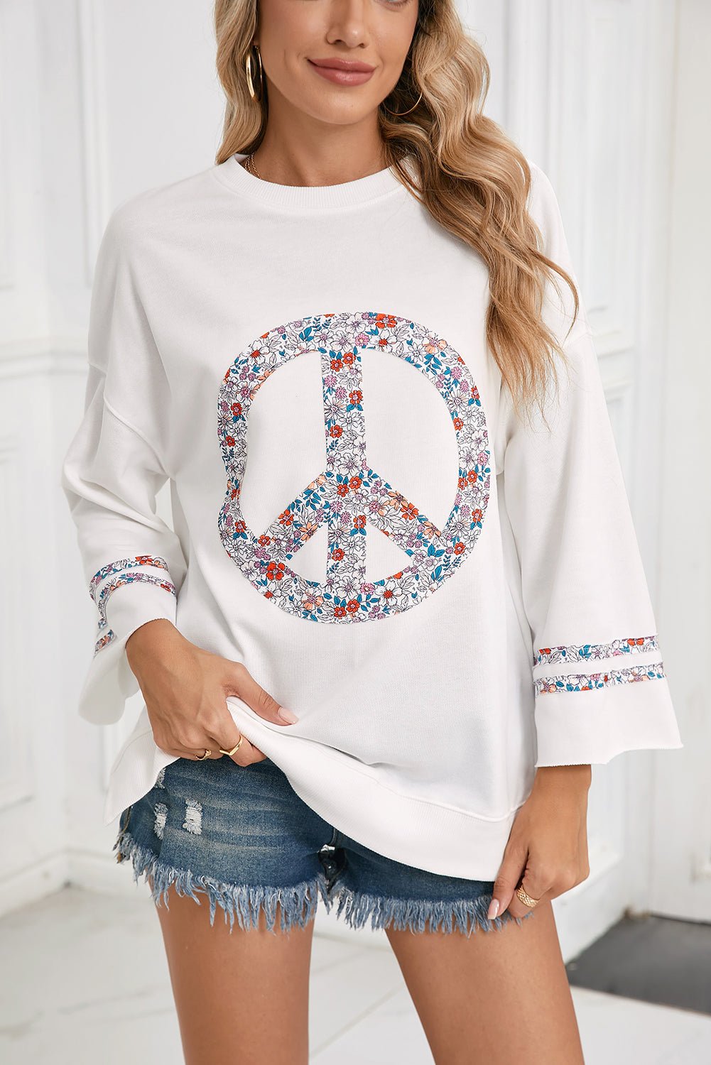 Jet Stream Floral Peace Sign Drop Shoulder Top - Maka Boho