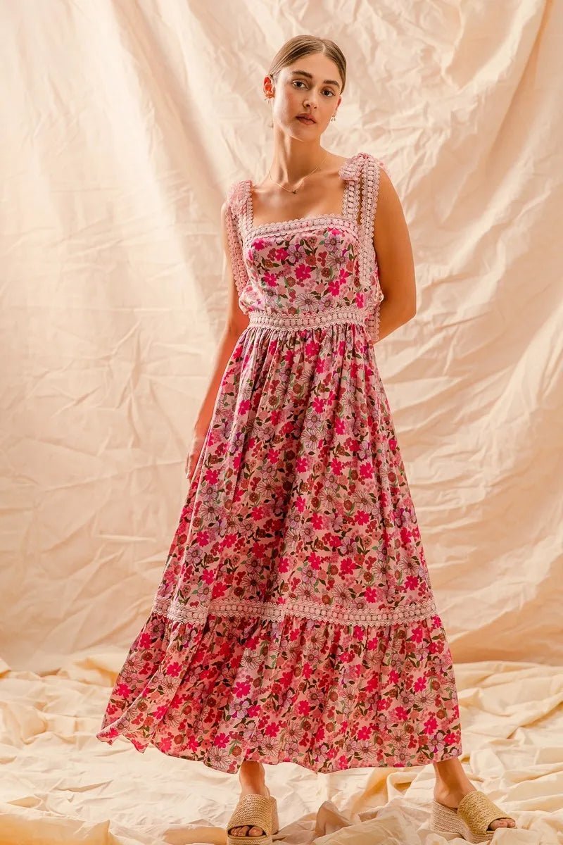 SO ME Floral Maxi Dress With Ribbon Tie Lace Strap - Maka Boho