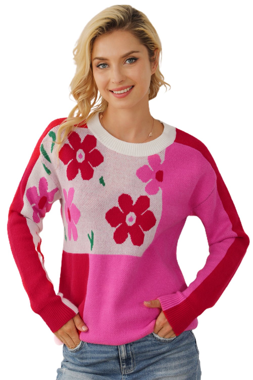 Rose Color Block Sweater - Maka Boho