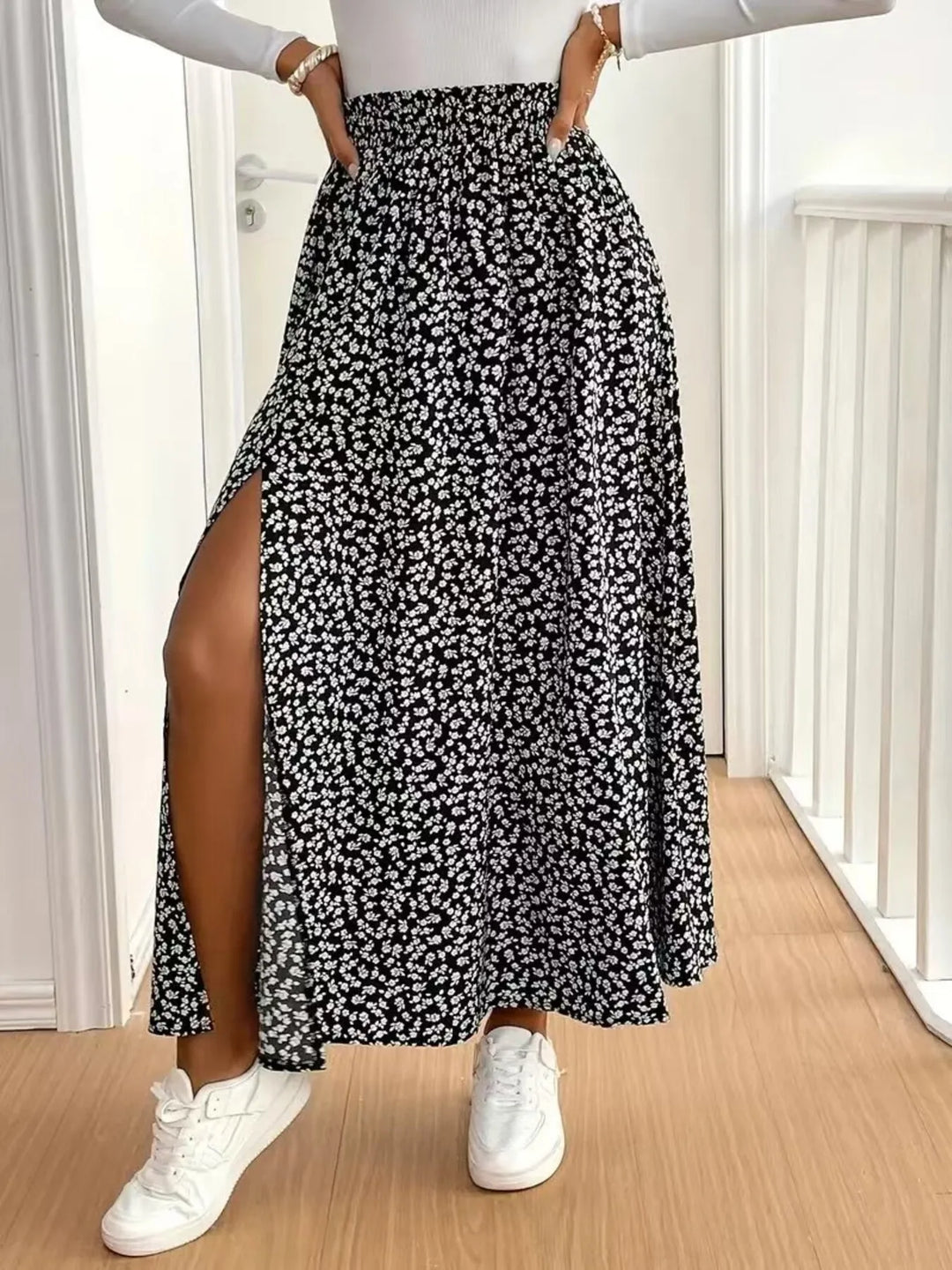 Floral Split Elastic Waist Maxi Skirt - Maka Boho