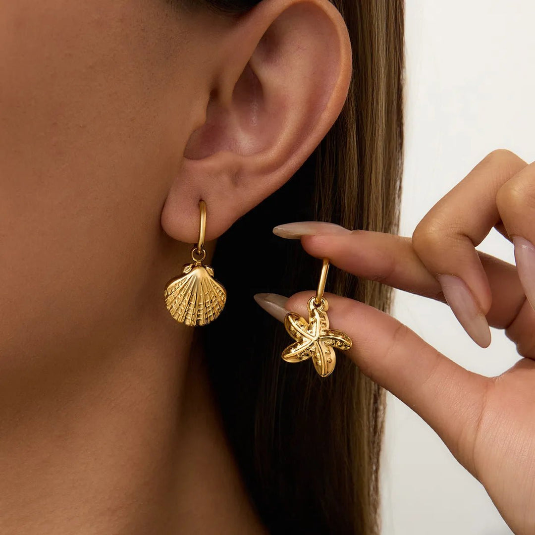 Vintage Gold Seashell & Starfish Drop Earrings - Maka Boho