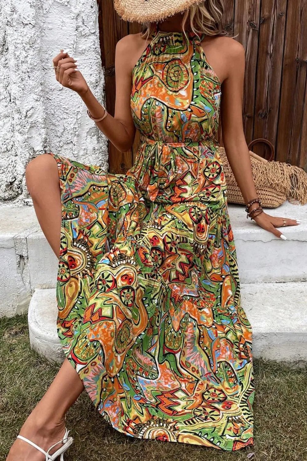 Tied Floral Sleeveless Dress - Maka Boho