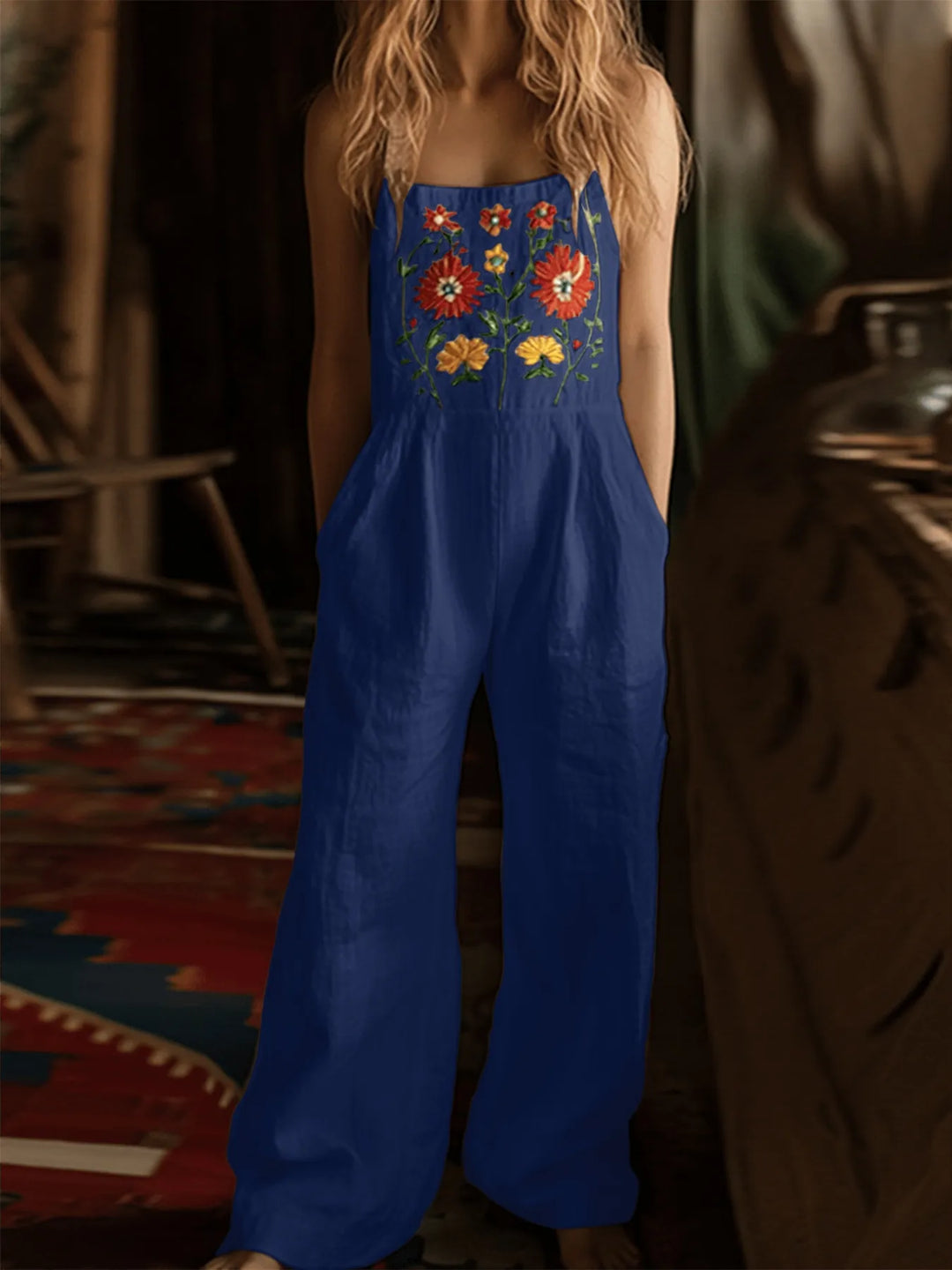 Floral Embroidered Wide Leg Jumpsuit - Maka Boho