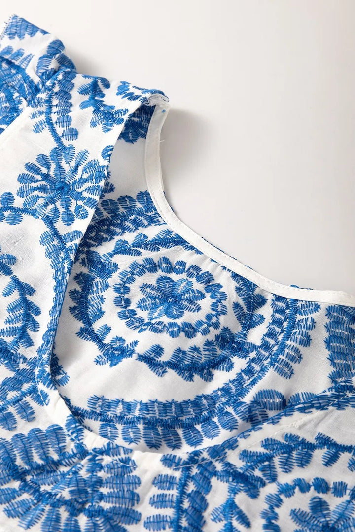 Boho Print Ruffled Cap Sleeve Crew Neck Blouse - Maka Boho