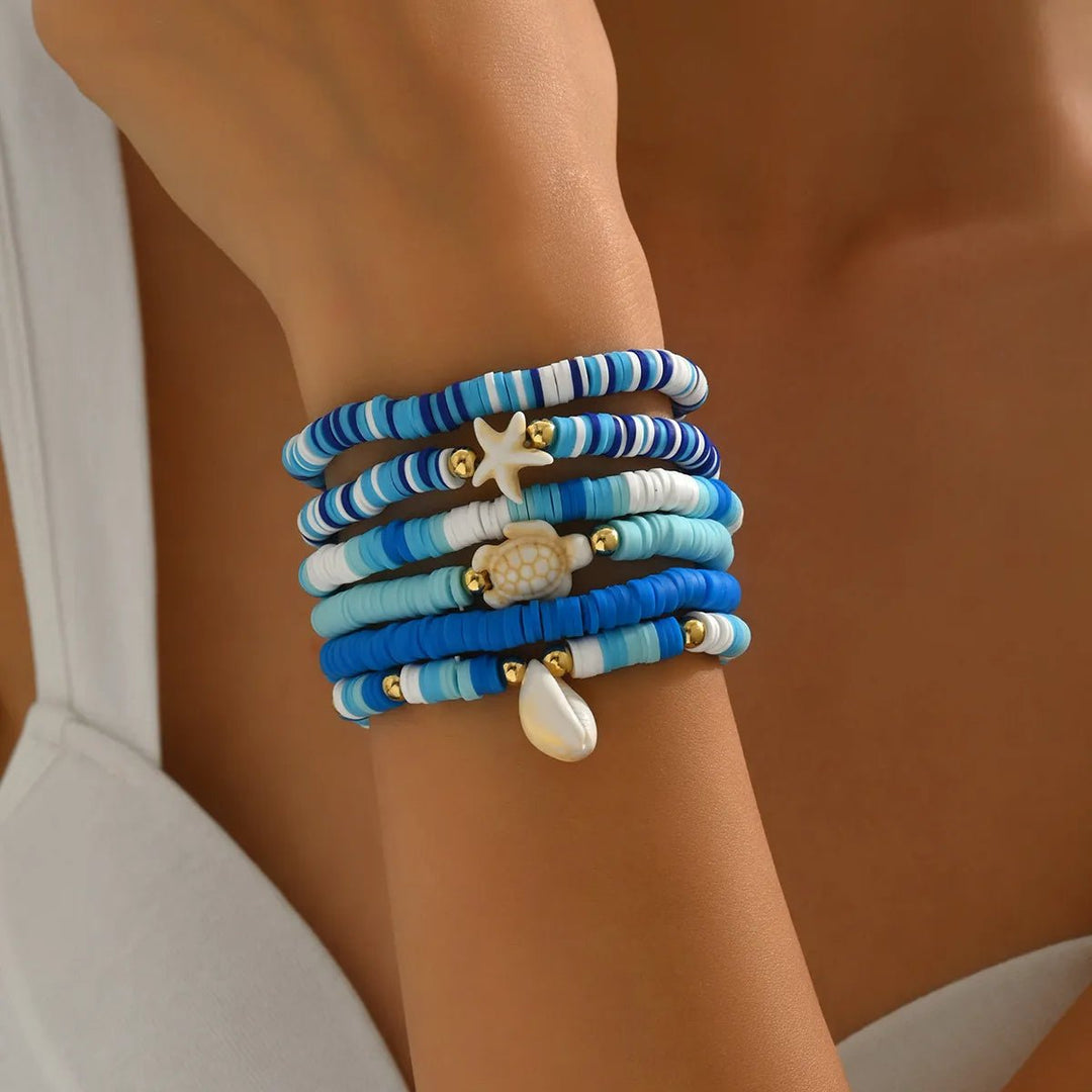 6 - Piece Ceramic Beaded Shell Bracelet - Maka Boho