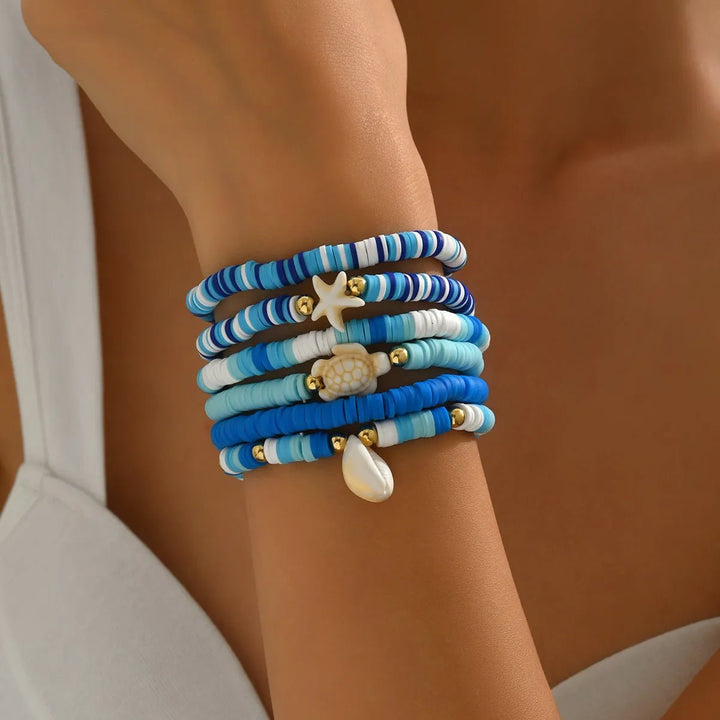 6 - Piece Ceramic Beaded Shell Bracelet - Maka Boho