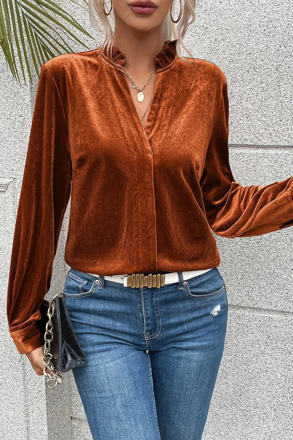 Notched Frill Detail Long Sleeve Blouse - Maka Boho