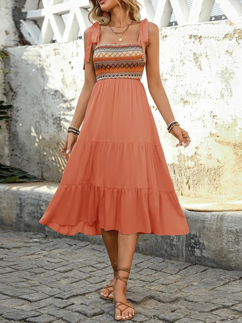 Tie Shoulder Square Neck Tiered Midi Dress - Maka Boho