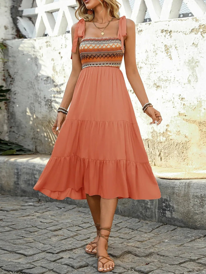 Tie Shoulder Square Neck Tiered Midi Dress - Maka Boho