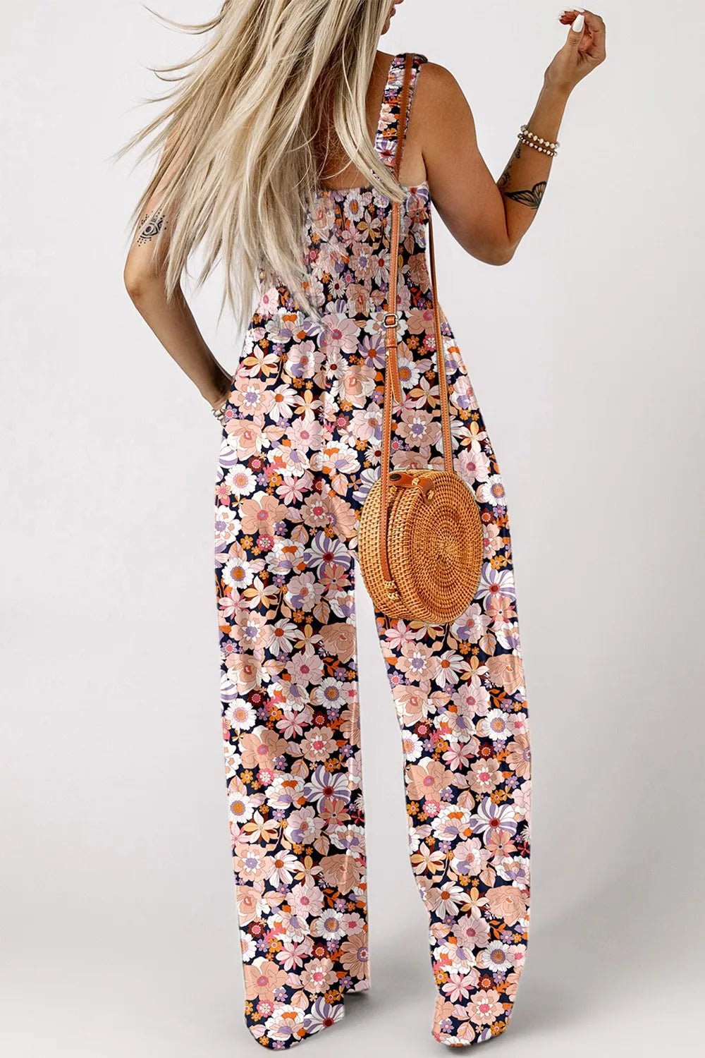 Floral Print Smocked High Waist Square Neck Jumpsuit - Maka Boho
