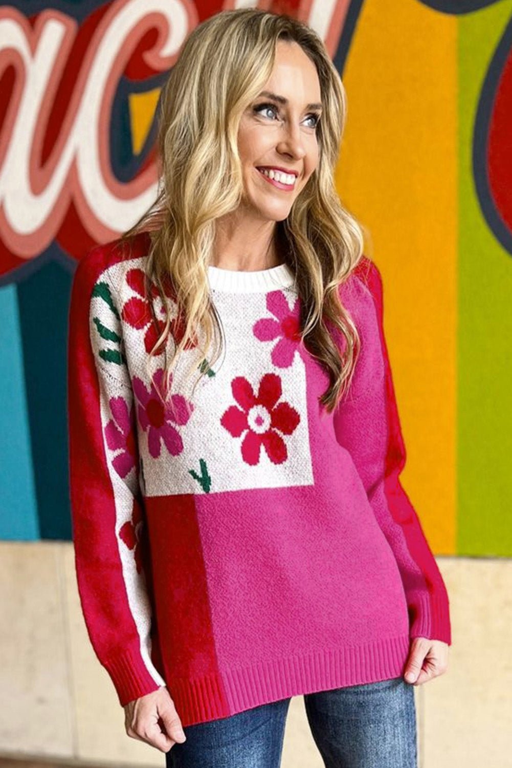 Rose Color Block Sweater - Maka Boho