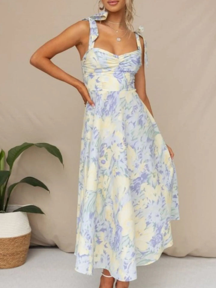 Floral Tie - Strap Sweetheart Neck Midi Dress - Maka Boho