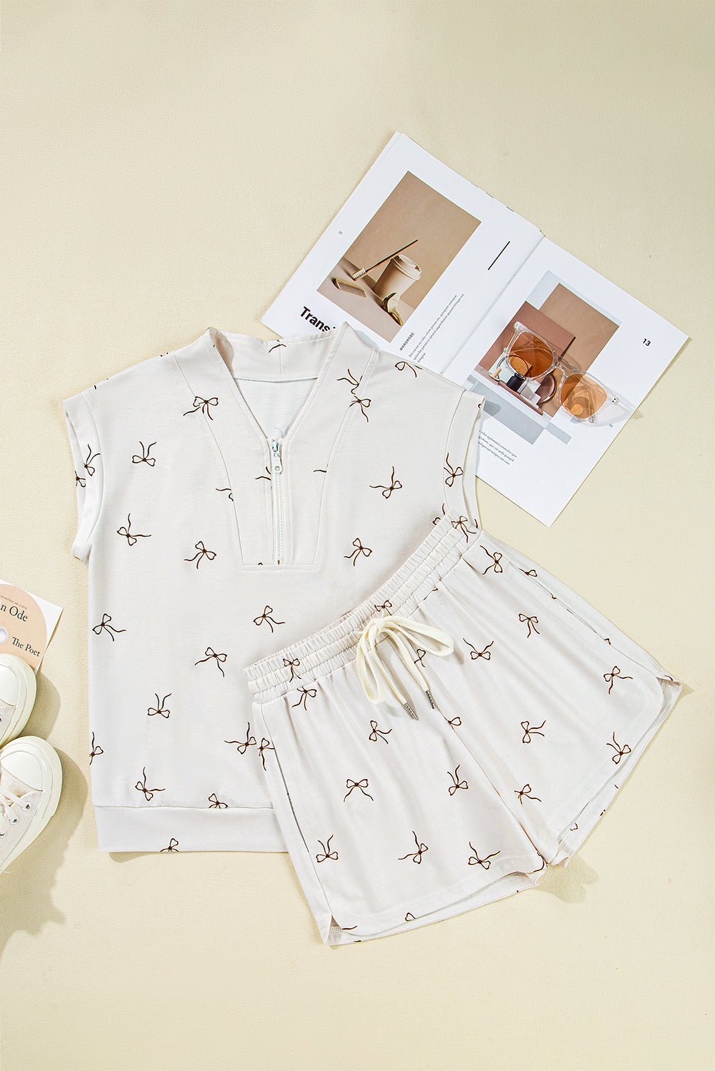 Beige Bow Print Half Zip Tank Top and Shorts Set - Maka Boho