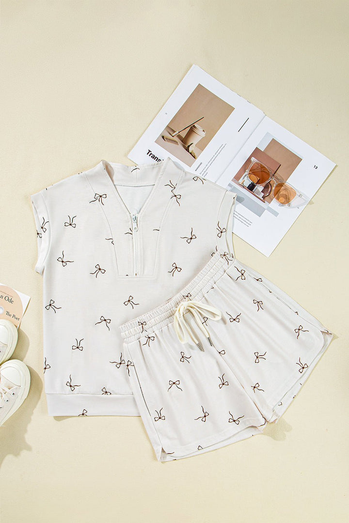 Beige Bow Print Half Zip Tank Top and Shorts Set - Maka Boho