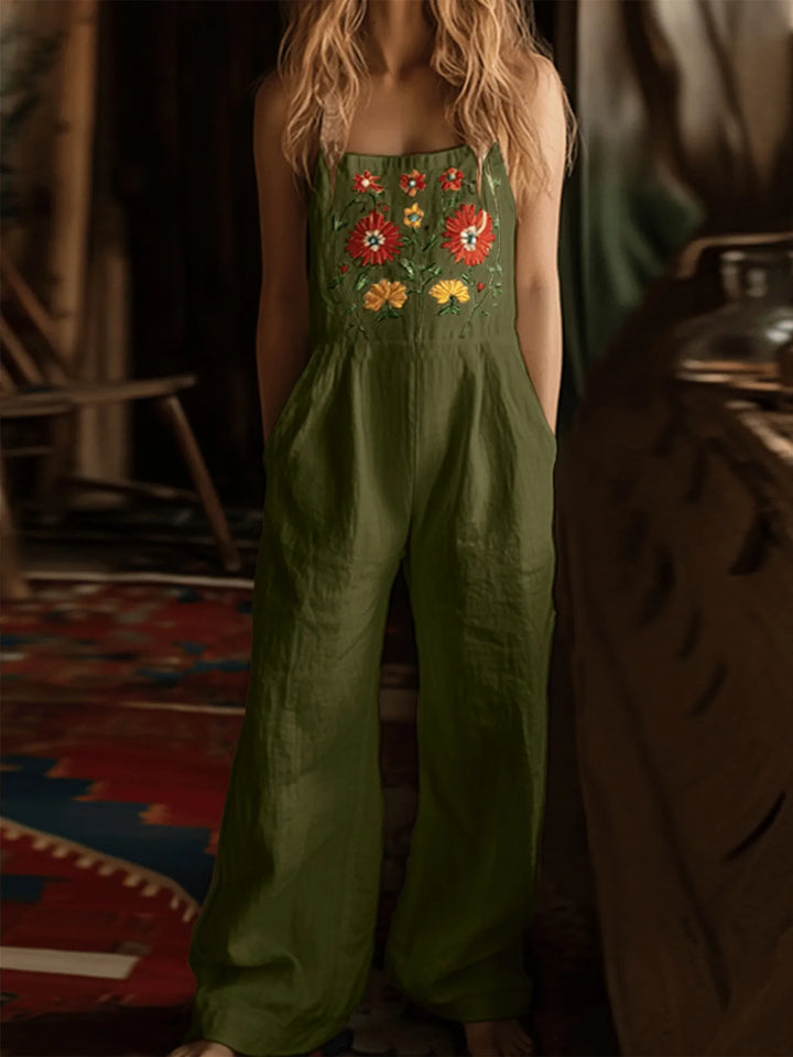Floral Embroidered Wide Leg Jumpsuit - Maka Boho