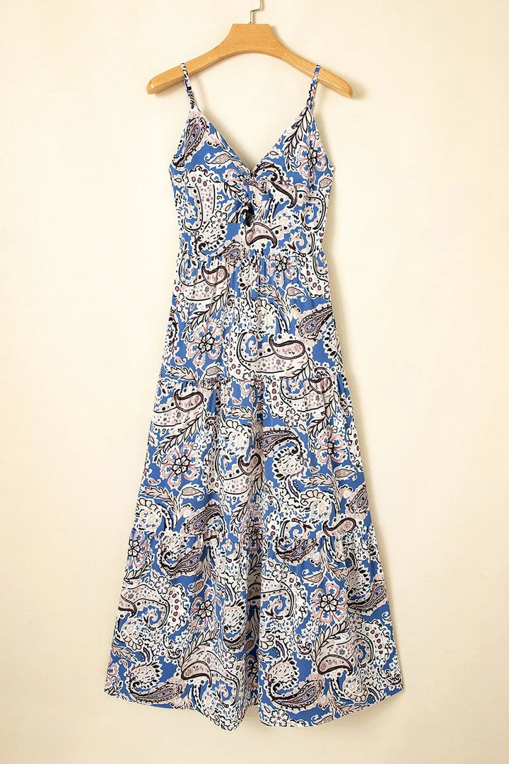 Paisley Print Twist Detail Smocked Back Spaghetti Straps Dress - Maka Boho