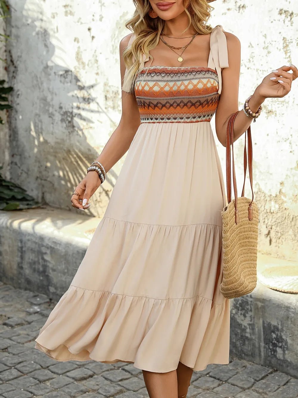 Tie Shoulder Square Neck Tiered Midi Dress - Maka Boho