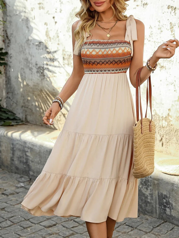 Tie Shoulder Square Neck Tiered Midi Dress - Maka Boho
