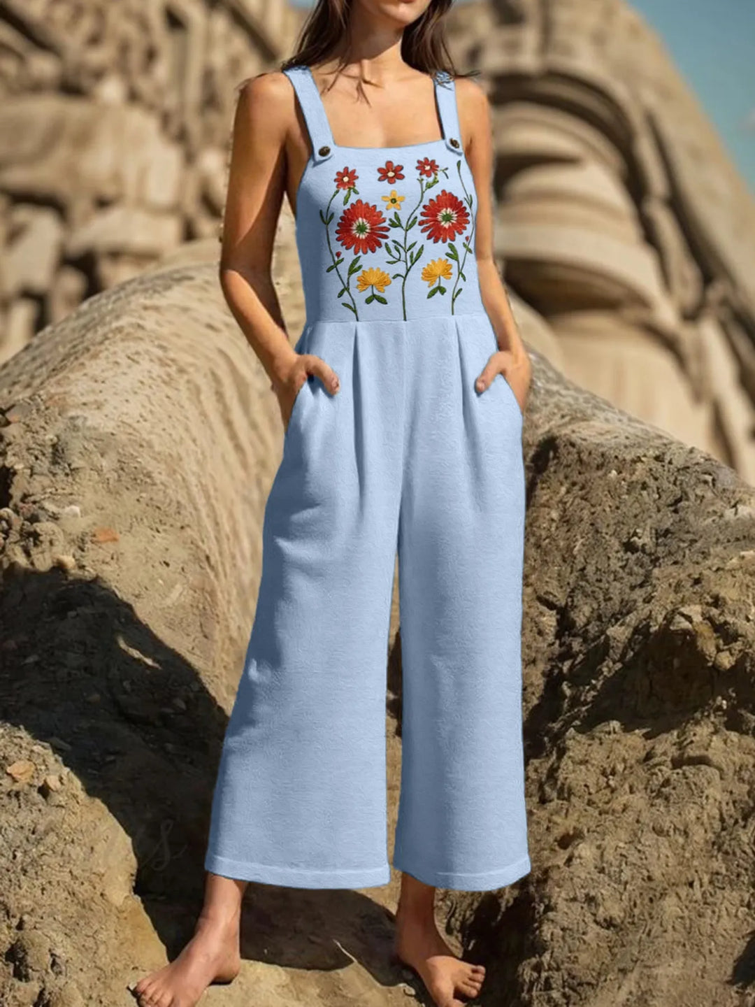Floral Embroidered Wide Leg Jumpsuit - Maka Boho