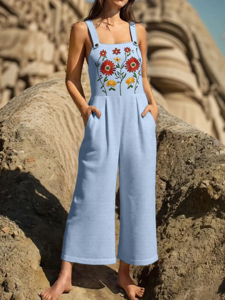 Floral Embroidered Wide Leg Jumpsuit - Maka Boho