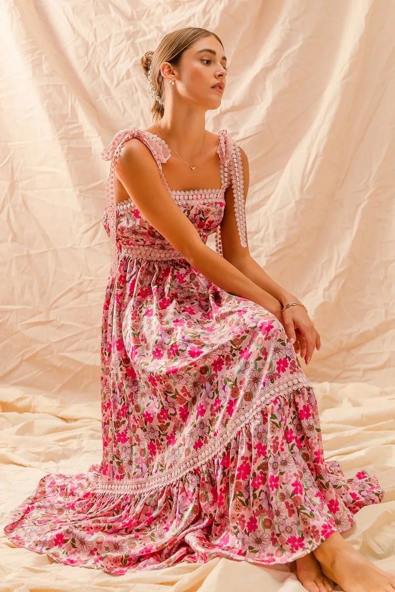 SO ME Floral Maxi Dress With Ribbon Tie Lace Strap - Maka Boho