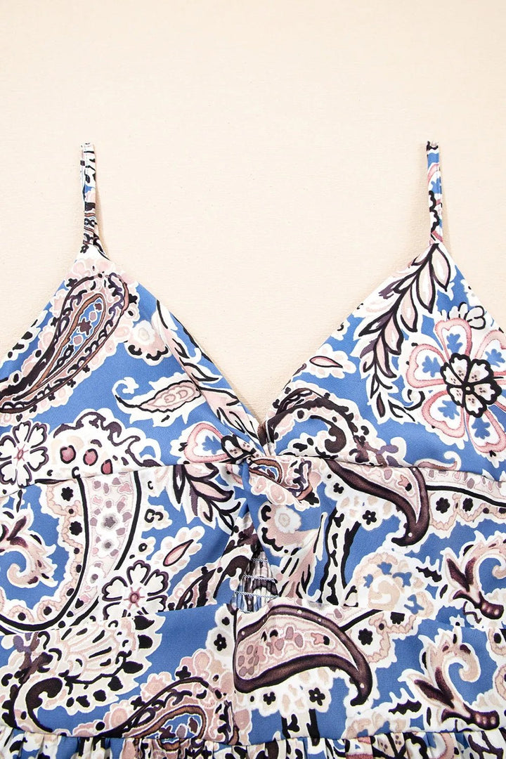 Paisley Print Twist Detail Smocked Back Spaghetti Straps Dress - Maka Boho