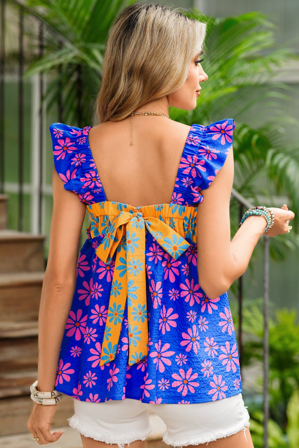 Blue Flower Colorblock Smocked Flutter Straps Flowy Top - Maka Boho