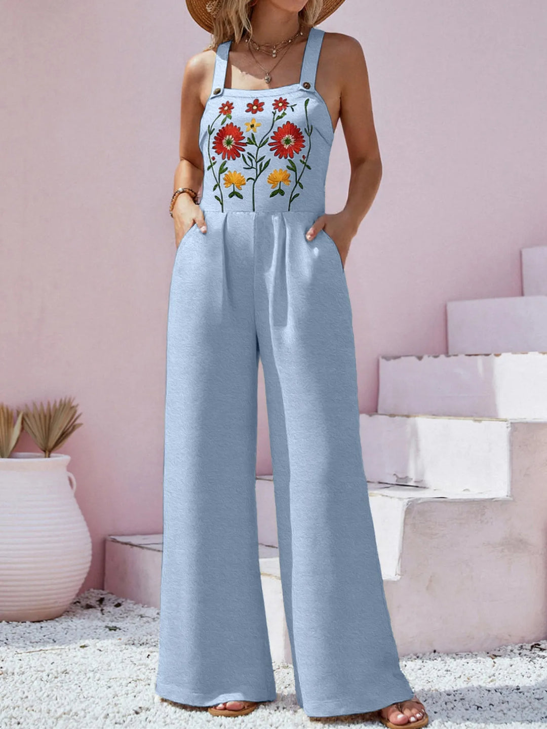 Floral Embroidered Wide Leg Jumpsuit - Maka Boho