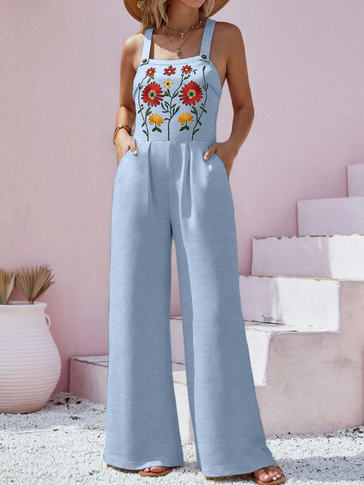 Floral Embroidered Wide Leg Jumpsuit - Maka Boho