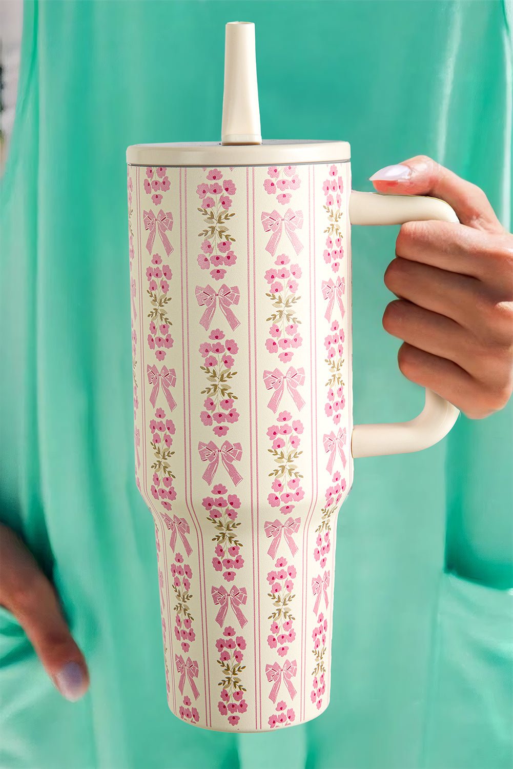 White Bow and Flower Striped 40oz Tumbler Cup - Maka Boho