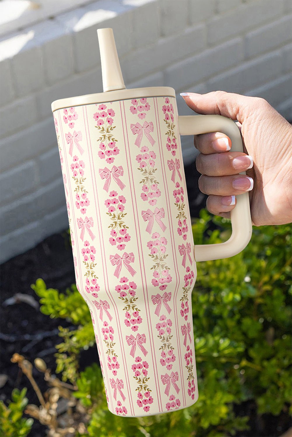 White Bow and Flower Striped 40oz Tumbler Cup - Maka Boho