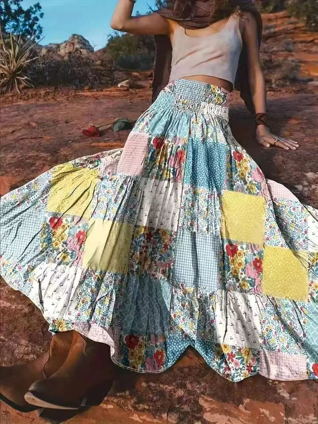 Smocked Waist Printed Maxi Skirt - Maka Boho