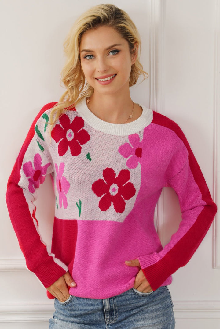 Rose Color Block Sweater - Maka Boho