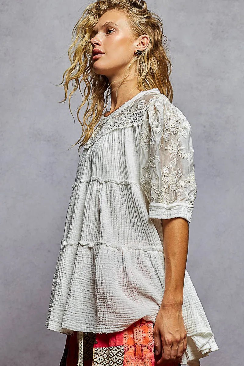 POL Lace Detail Tiered Round Neck Half Sleeve Blouse - Maka Boho