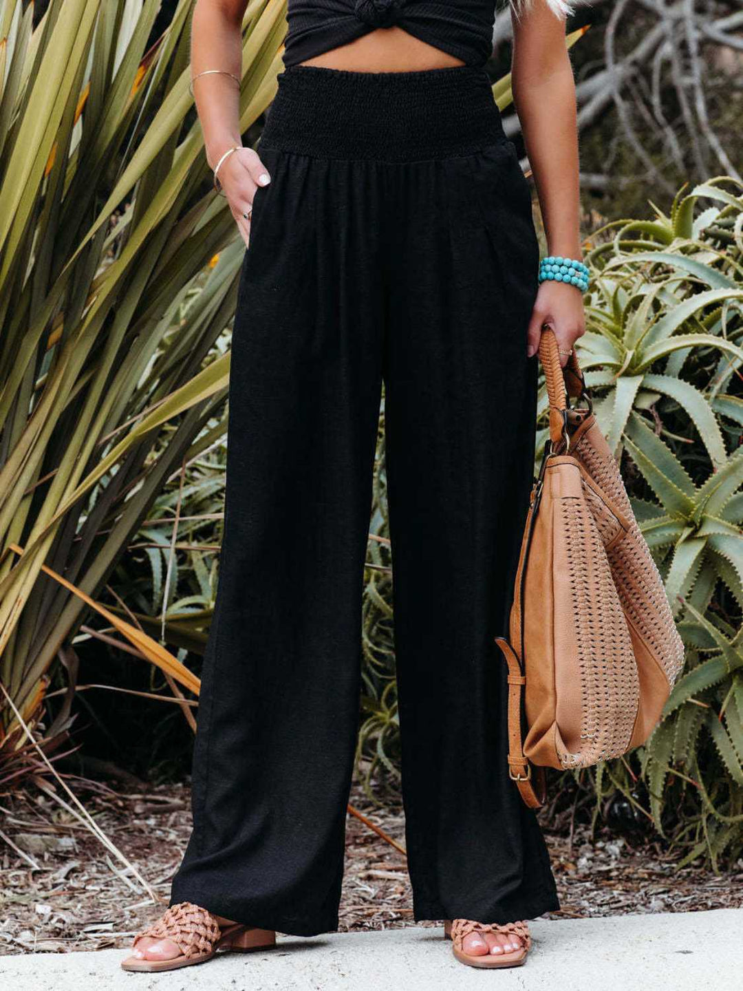 Full Size Smocked Waist Wide Leg Pants - Maka Boho