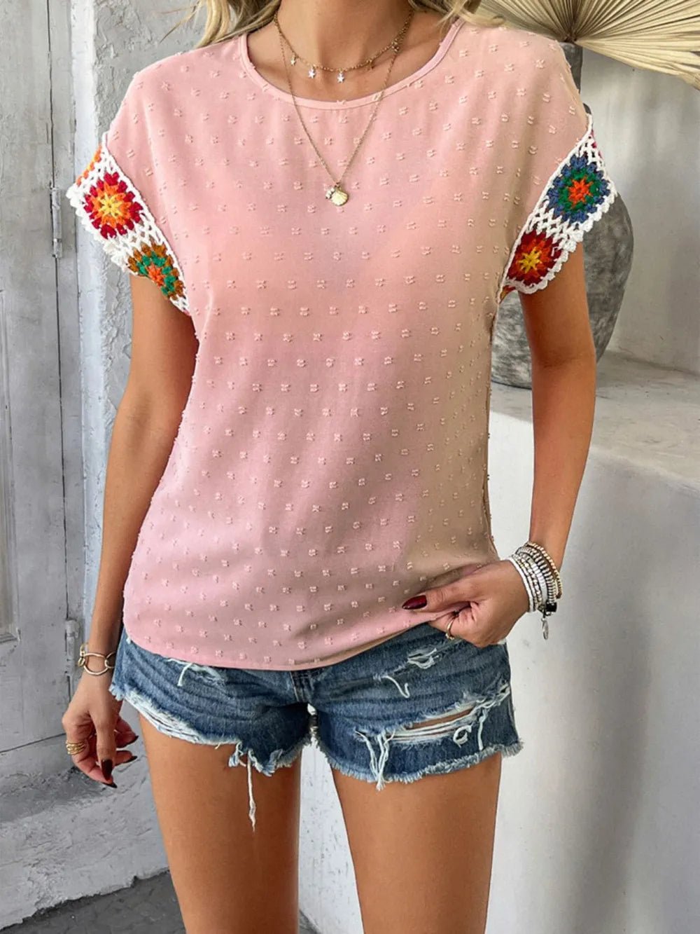 Devine Swiss Dot Round Neck Crochet Short Sleeve Top - Maka Boho