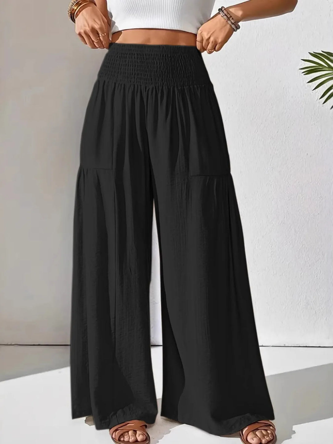 Smocked Waist Wide Leg Pants - Maka Boho
