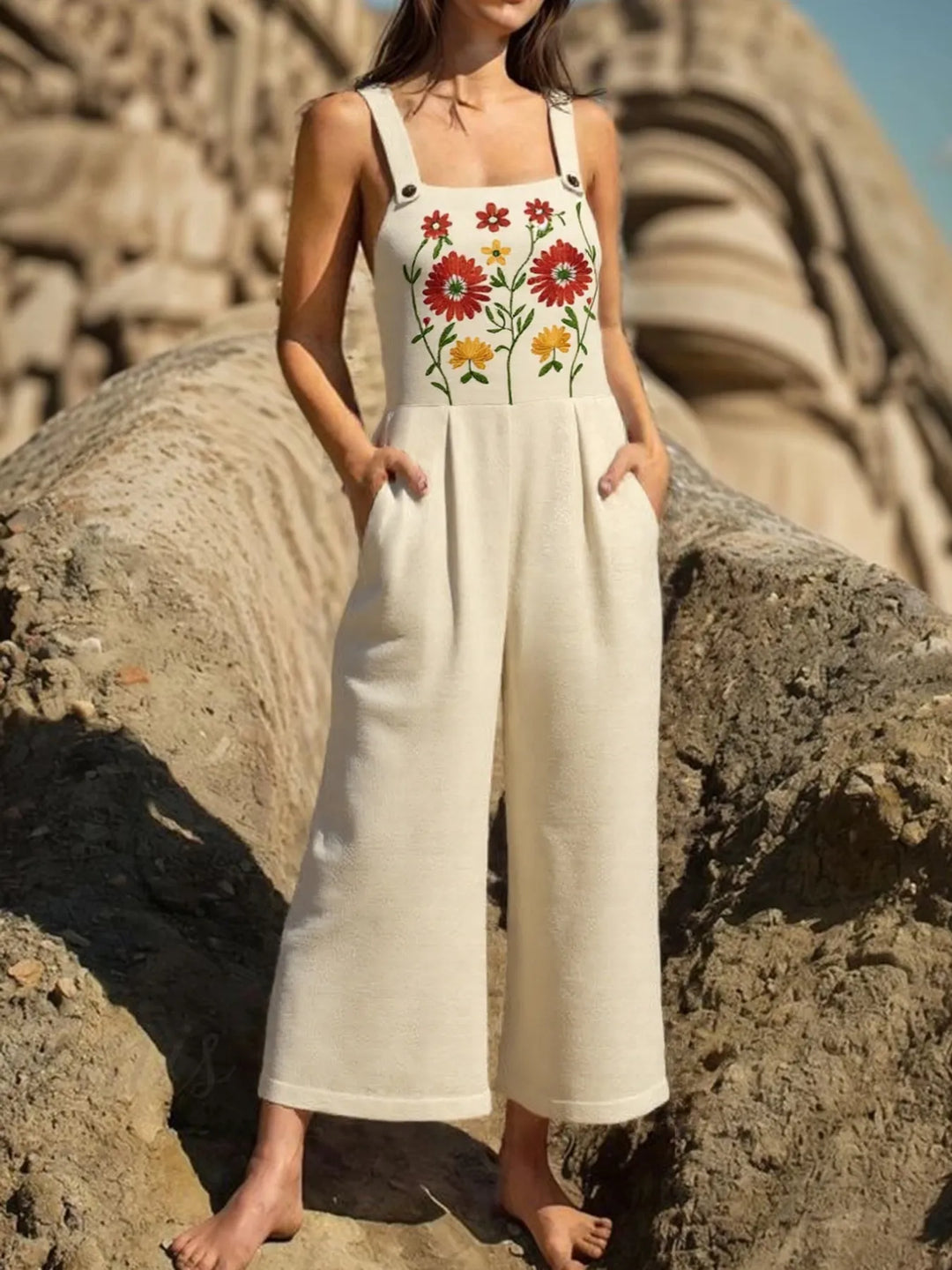 Floral Embroidered Wide Leg Jumpsuit - Maka Boho