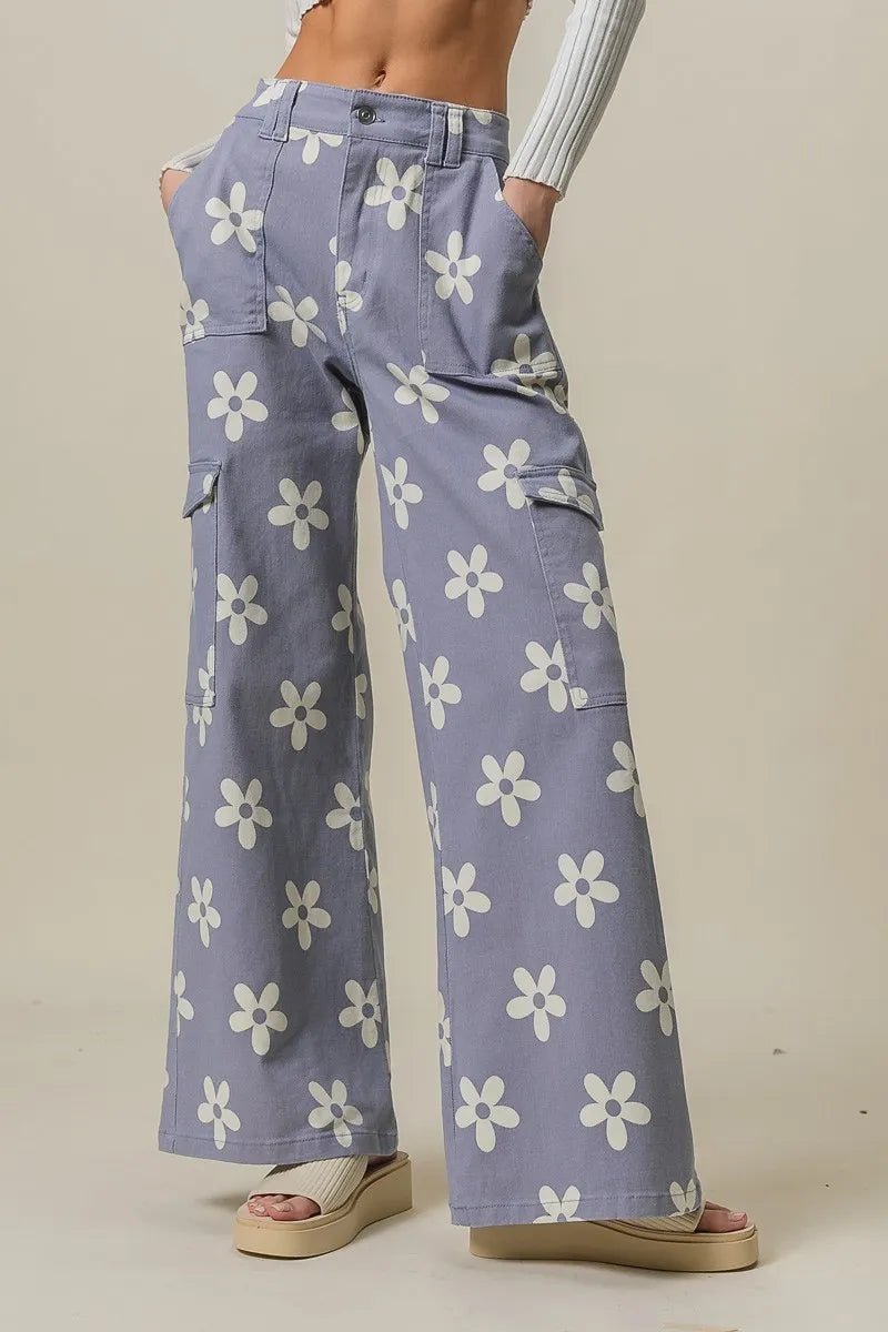 BiBi Flower Printed Side Pocket Wide Pants - Maka Boho