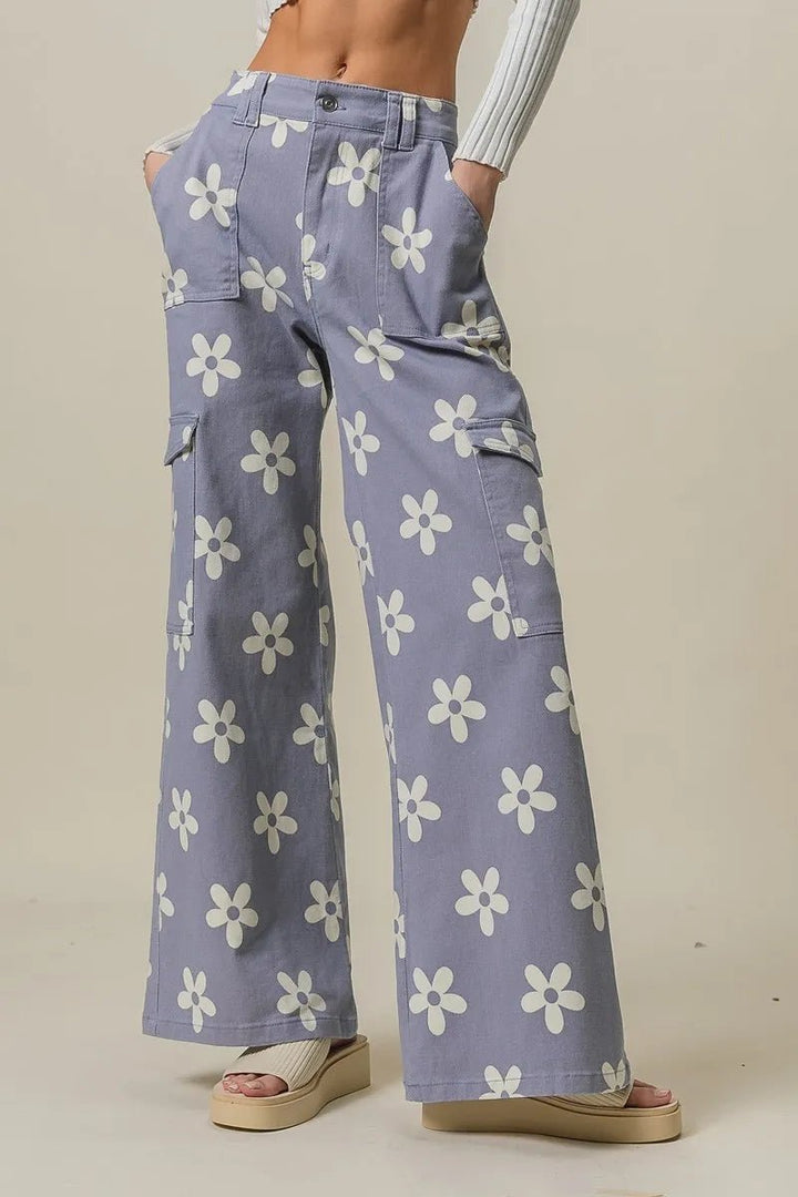 BiBi Flower Printed Side Pocket Wide Pants - Maka Boho