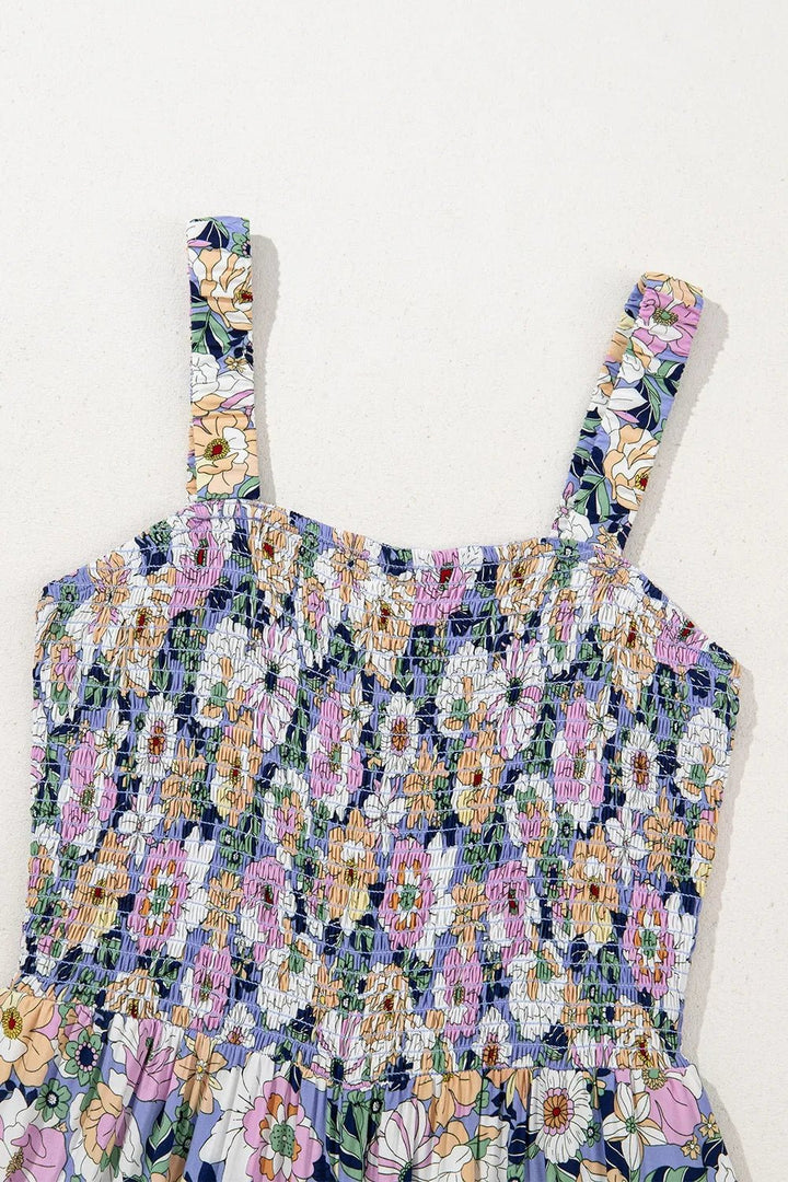 Floral Print Smocked High Waist Square Neck Jumpsuit - Maka Boho