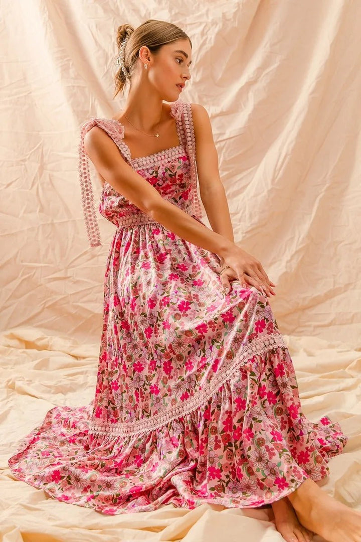 SO ME Floral Maxi Dress With Ribbon Tie Lace Strap - Maka Boho