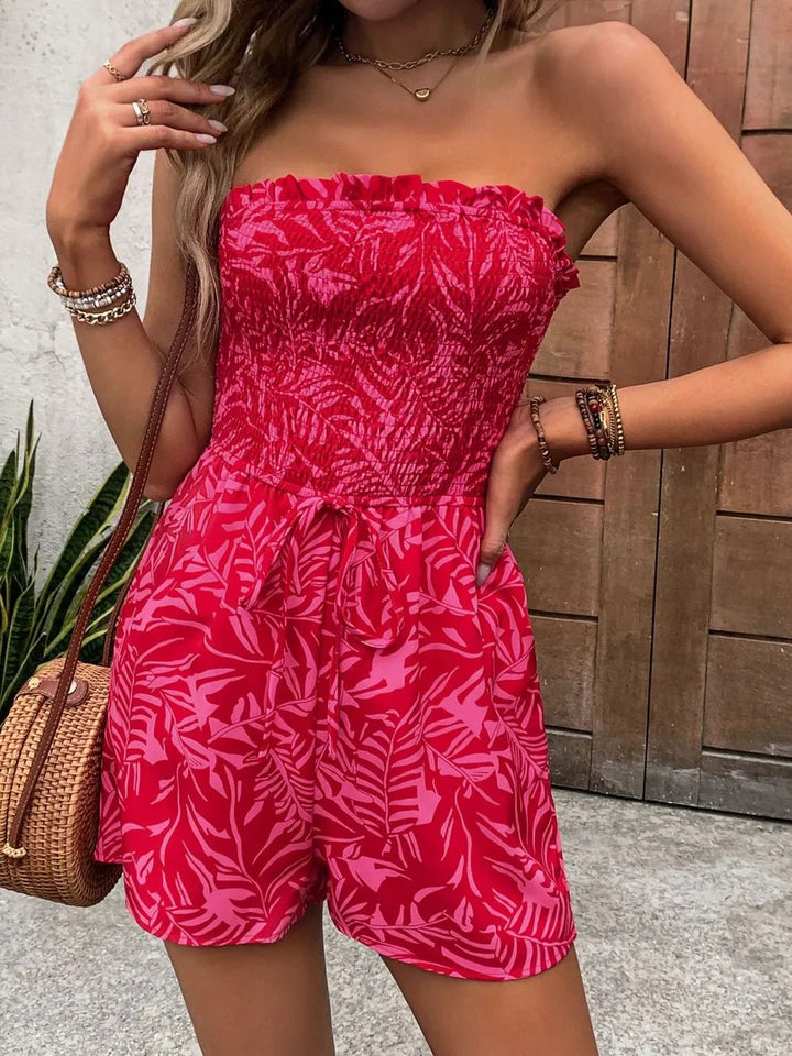 Perfee Smocked Printed Tube Romper with Pockets - Maka Boho