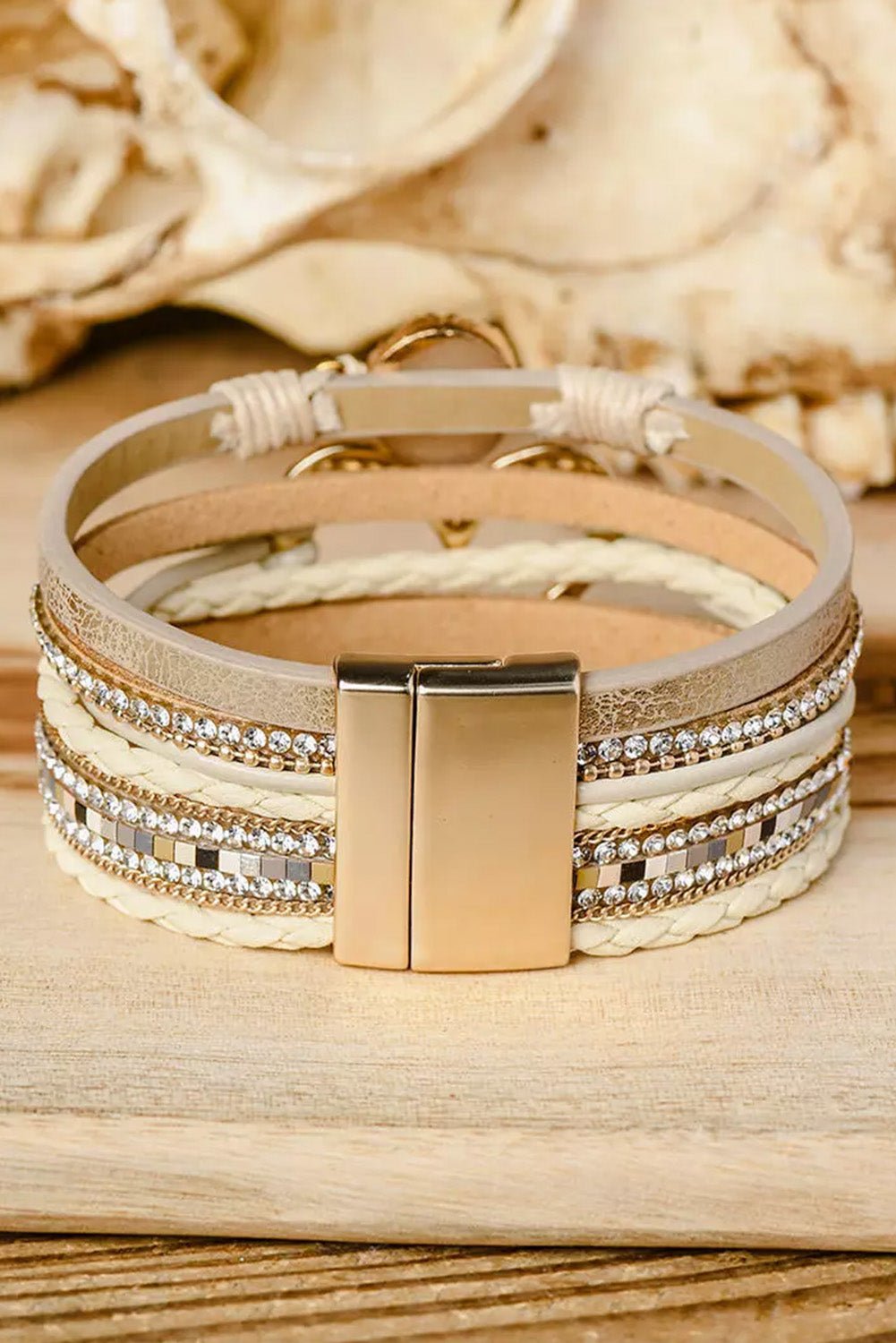 Beige Braided Heart Rhinestone Magnetic Buckle Multi Layered Bracelet - Maka Boho