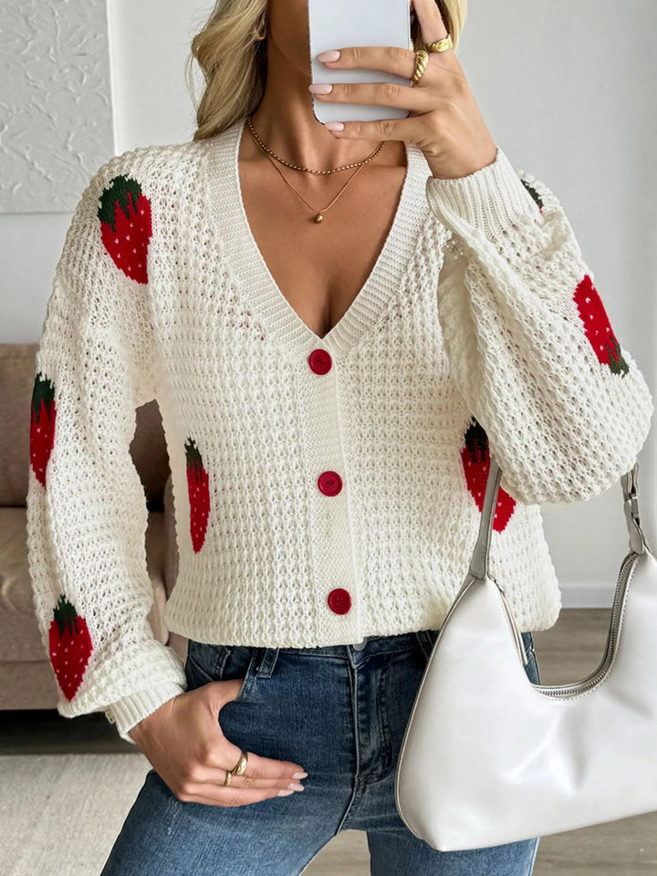 Strawberry Pattern V - Neck Button - Up Cardigan - Maka Boho