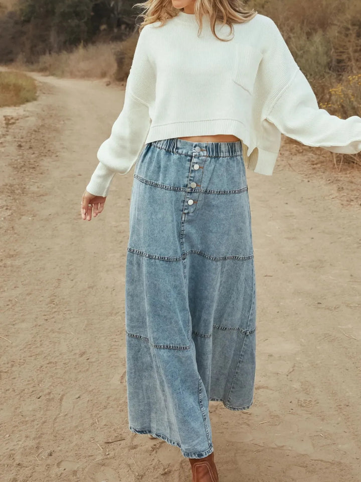 Button - Front Tiered Maxi Denim Skirt - Maka Boho