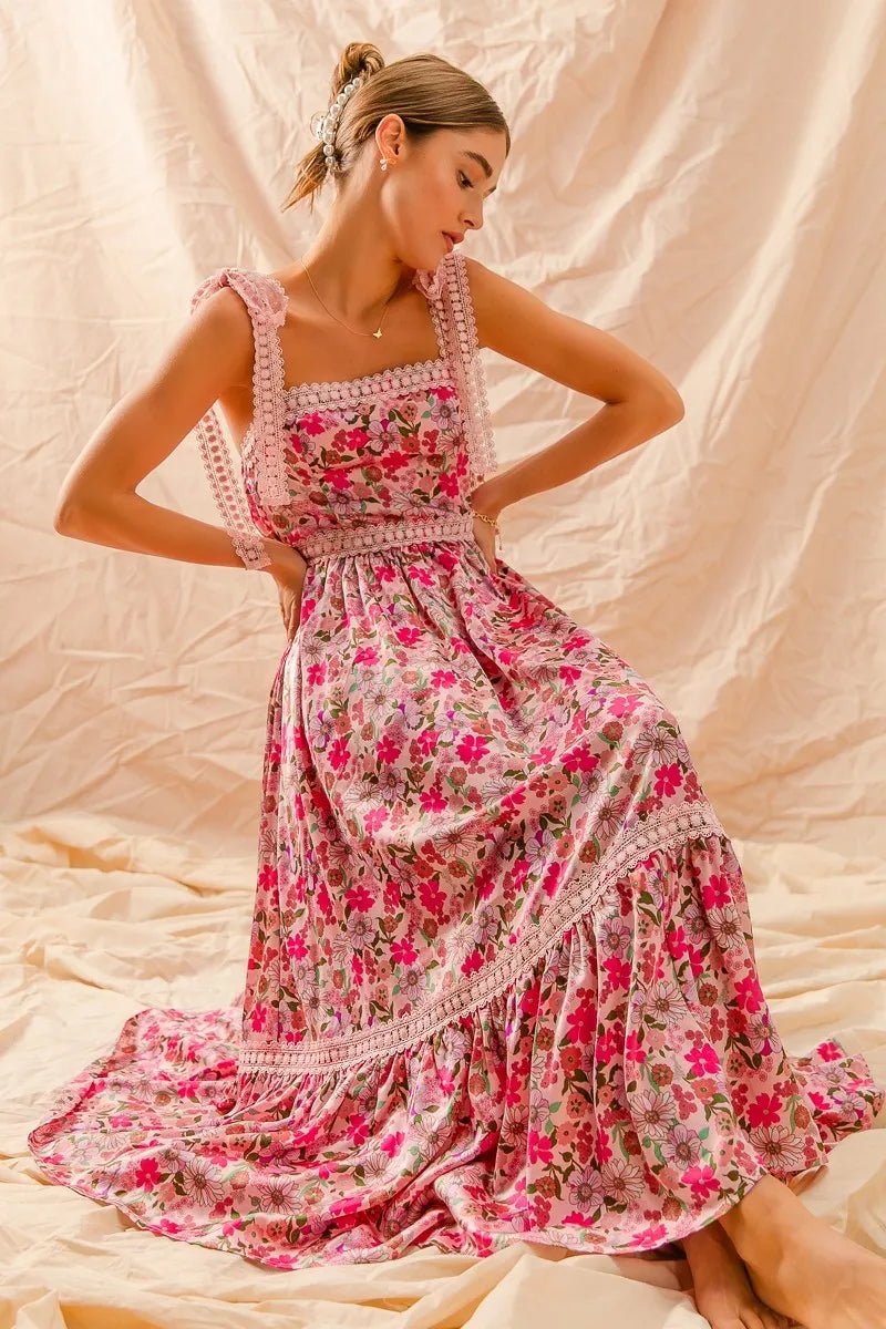 SO ME Floral Maxi Dress With Ribbon Tie Lace Strap - Maka Boho