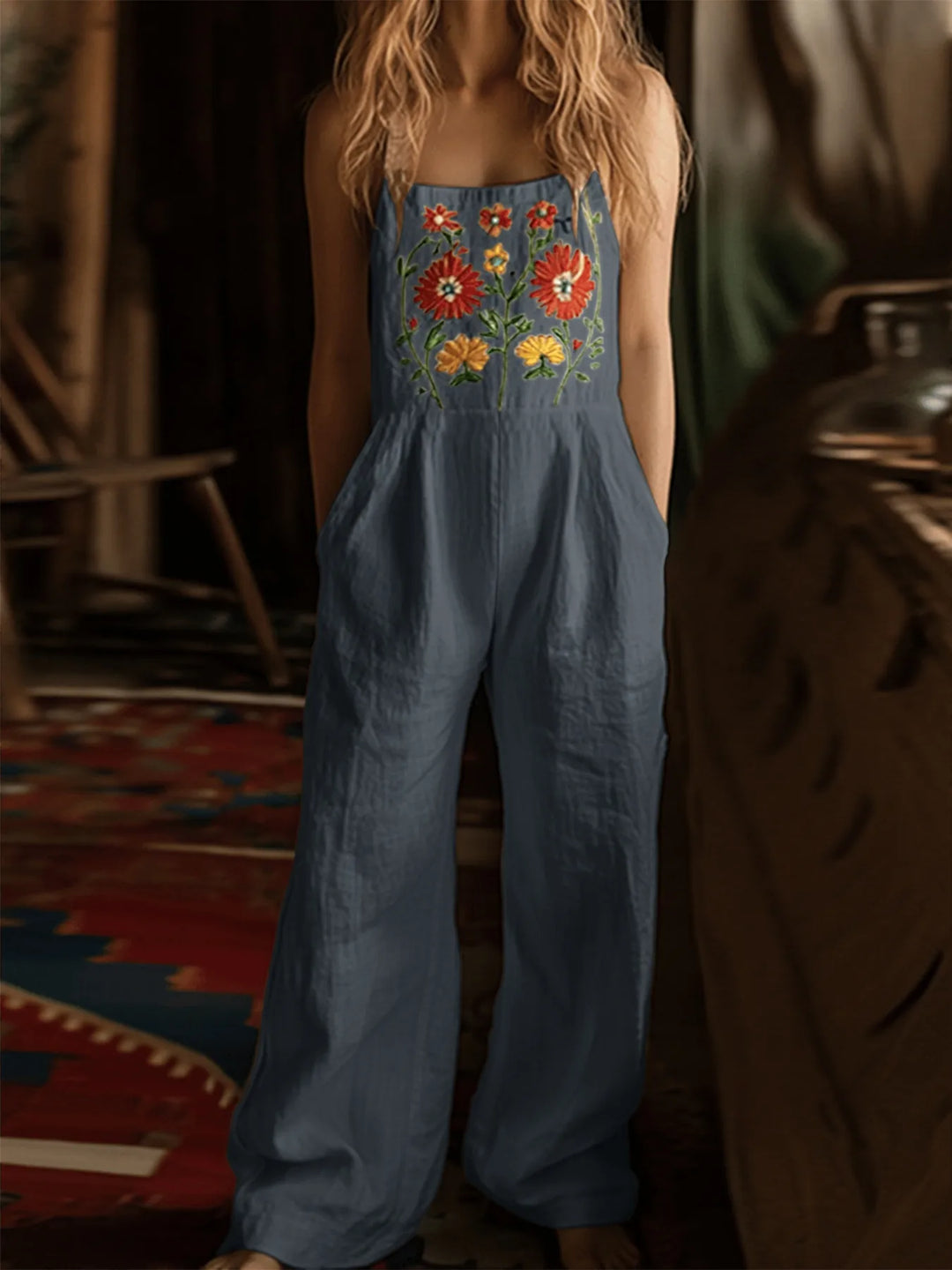Floral Embroidered Wide Leg Jumpsuit - Maka Boho
